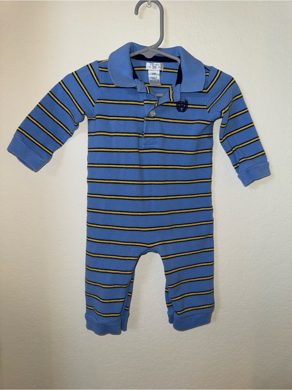 Chaps Blue Striped Polo Footie with Yellow & Black Accents